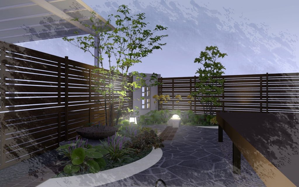 シックな木目調を取り入れた「和」の設え！<br>緑台で眺める癒しの空間デザイン